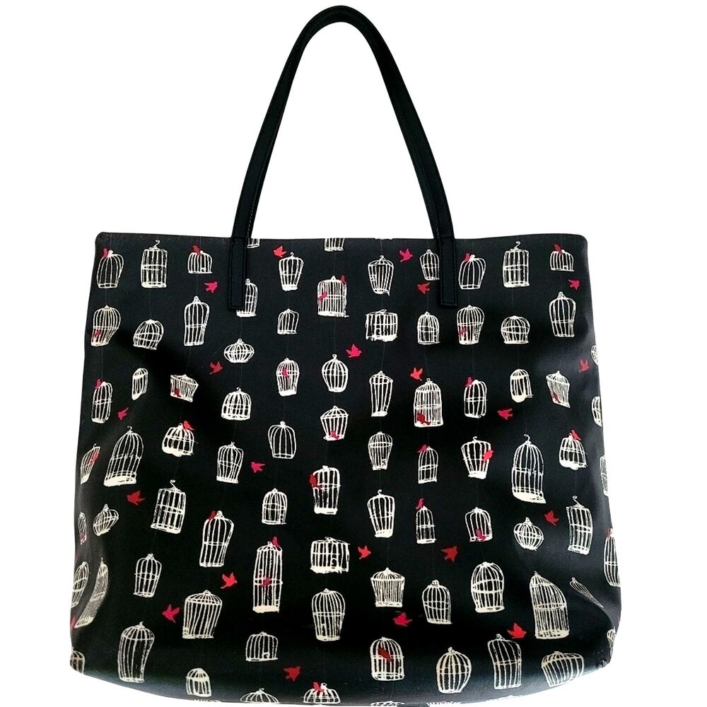 Kate Spade Jade Drive Bon Birdcage Tote Bag Novelty Print Black White Kitschy - Picture 2 of 13